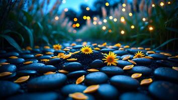 Walking Path Featuring Stones, Yellow Flowers, and Ambient Lighting photo