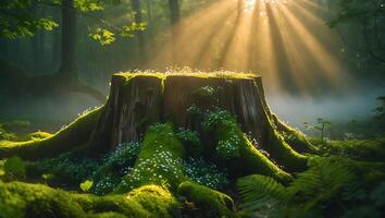 Tree Stump Covered in Moss with Sun Rays Shining Through Forest photo