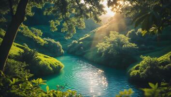 Scenic River Flowing Through Green Valley with Sunlight Streaming Through Trees photo