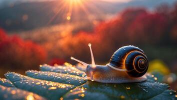 Snail Crawling on Leaf at Sunset with Dew Drops photo
