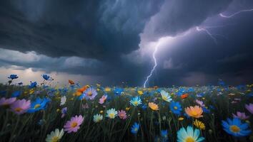 Lightning Strikes Above Colorful Wildflower Field During Approaching Storm photo