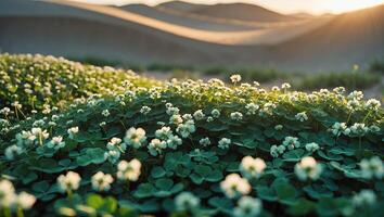 Blooming Clover Field Near Sand Dunes During a Golden Sunset Hour photo