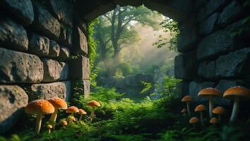 Mushrooms Growing at Stone Structure Opening to Lush Green Forest photo
