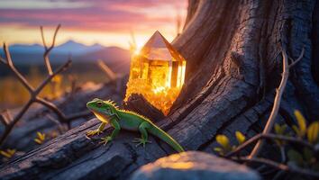 Lizard Resting Near Glowing Crystal on Tree Root at Sunset photo