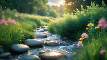 Flowing Stream Through Lush Meadow with Wildflowers and Sunlight photo