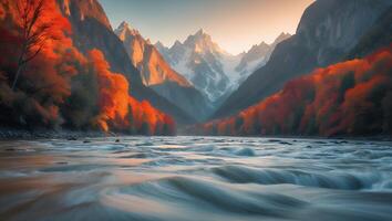 River Flows Through Autumn Landscape with Mountain Peaks at Sunset photo