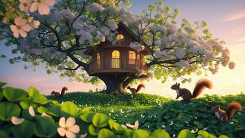 Treehouse Surrounded by Blossoms and Squirrels in a Sunny Meadow photo