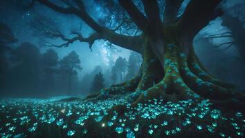 Glowing Flowers and Ancient Tree at Night with Starry Sky photo