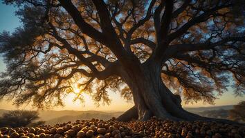 Majestic Tree at Sunset with Golden Light and Rounded Ground Cover photo