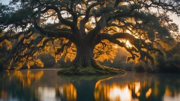 Majestic Tree Reflected in Calm Water at Sunset Creates Serene Scene photo