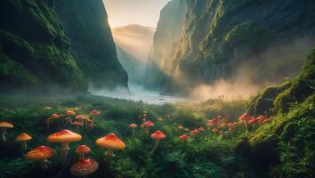 Mushrooms in Lush Green Valley with Fog and Sunlight Streaks photo
