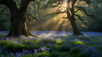 Sunlight Filtering Through Forest Canopy Illuminating Wildflower Meadow Scene photo