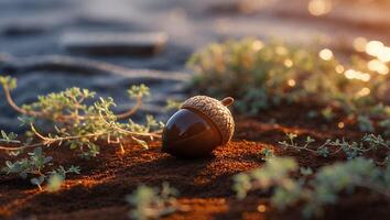 Acorn Resting on Soil with Plant Life and Warm Sunlight photo