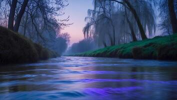Flowing River Through Foggy Landscape with Trees and Colorful Sky photo