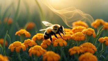 Bee Collecting Pollen on Orange Flowers in Sunny Meadow photo