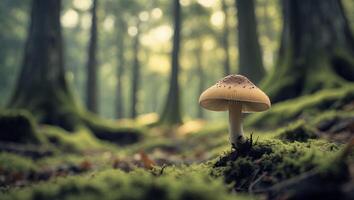 Mushroom Growing in Mossy Forest Ground on a Misty Day photo