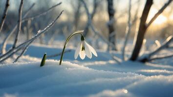 Snowdrop Flower Blooming Through Snow in Winter Sunlight Landscape photo