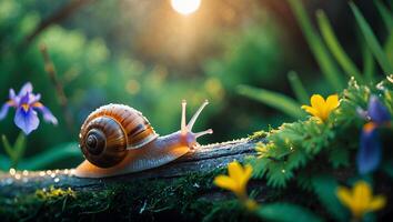 Snail Crawling on Mossy Log Surrounded by Wildflowers at Sunset photo