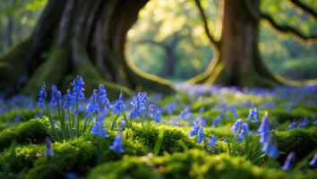 Blooming Bluebells in Forest Underneath Trees on Mossy Ground photo