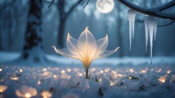 Glowing Flower in Winter Landscape Under Moonlight with Icicles photo