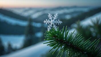 Snowflake Ornament on Pine Branch with Winter Landscape Background photo