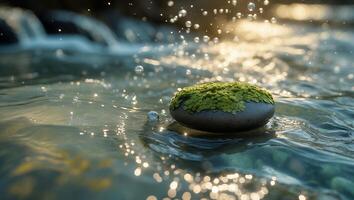 Mossy Rock Resting in Flowing River Water with Glistening Sunlight photo