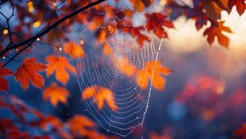 Spiderweb with Dew Drops and Autumn Leaves Capturing Golden Light photo