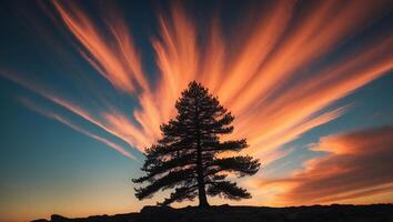 Lone Pine Tree Silhouette at Sunset with Dramatic Sky Colors photo