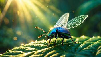 Shiny Winged Beetle Standing on Leaf with Dewdrops and Sunlight photo