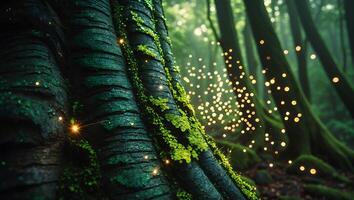 Tree Trunk in Enchanted Forest with Moss and Sparkling Lights photo
