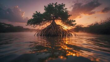 Mangrove Tree Rooted in Water at Sunset with Colorful Sky photo