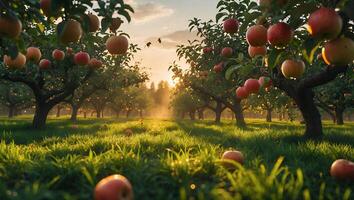 Apple Orchard at Sunset with Sunlight Through Trees and Grass photo