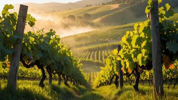 Vineyard Landscape at Sunrise with Morning Mist Rolling Through Hills photo