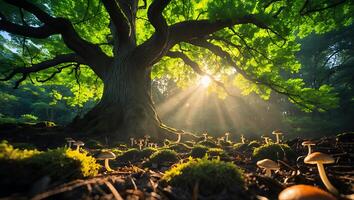 Sunlight Through Forest Canopy Illuminates Mushrooms Underneath Large Tree photo
