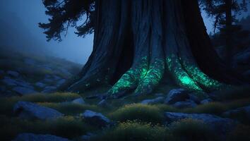 Giant Tree Trunk Glowing in Forest at Night with Fog photo