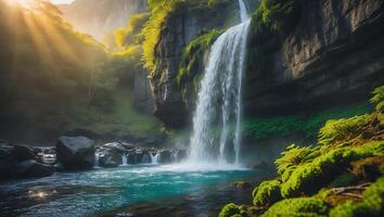 Waterfall Cascading Into Turquoise Pool Surrounded by Lush Greenery and Sunlight photo