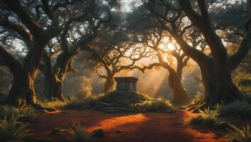 Sun Rays Shining Through Forest Canopy Illuminating Stone Structure photo