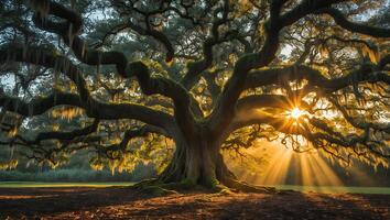 Majestic Old Tree Radiating Sunlight Through Mossy Branches at Sunrise photo