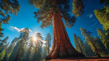 Majestic Giant Sequoia Tree Reaching for Blue Sky in Sunny Forest photo