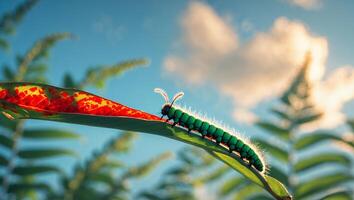 Caterpillar Crawling on Leaf Against Sky Background in Tropical Nature photo