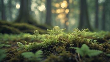 Ferns Growing on Mossy Forest Floor with Sunlight Streaming Through Trees photo