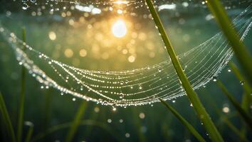 Spiderweb Weaving Between Green Grass Blades with Morning Dew at Sunrise photo