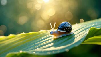 Snail Crawling on Green Leaf with Water Droplets and Sunlight photo