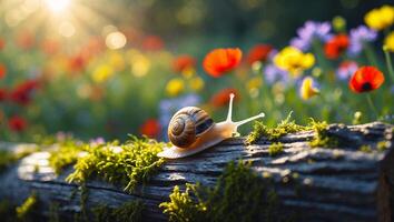 Snail Moving Slowly on Mossy Log with Wildflower Meadow Background photo