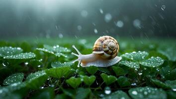 Snail Crawling on Green Plants During Rainfall in Soft Focus photo