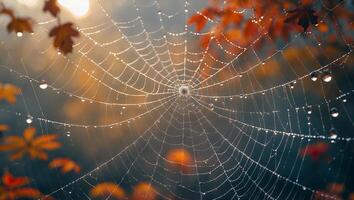 Spiderweb Covered in Dew Drops with Autumn Leaves Around photo