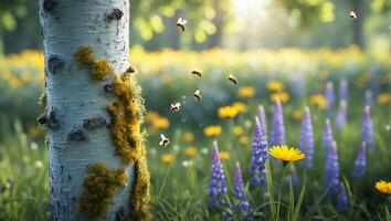 Bees Flying Around Tree in Meadow with Wildflowers Blossoms photo