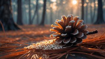 Pine Cone with Seeds on Pine Needles in a Forest Setting photo