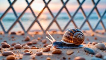 Snail Crawling on Sandy Beach at Sunset with Ocean View photo