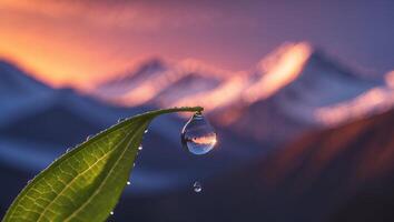 Water Droplet Hanging From Leaf with Mountain Reflection Landscape photo